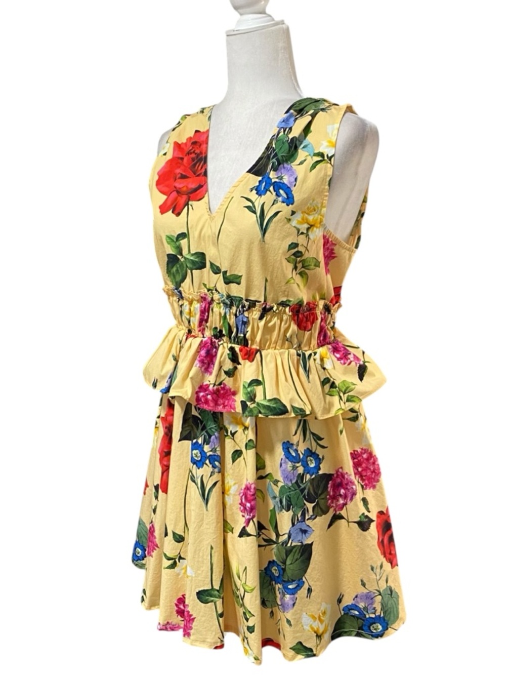 Express Floral Yellow Cotton Peplum Mini Dress Tiered Peplum Sleeveless Sz M